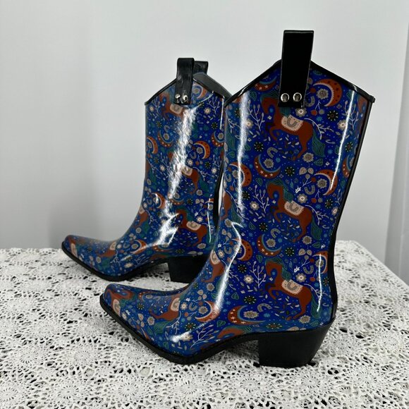 NWT, Women's Rain boots, Yippy- Whimsical boots Horses rubber boots US size 8 - Picture 1 of 10